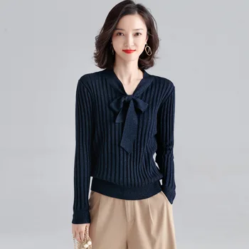 

Autumn and winter 2019 simple thin knitwear women's temperament versatile tie bottoming shirt vertical pit strip outside