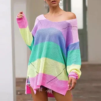 

Sweater Fashion Style Sexy V-Neck Color Casual Loose Colorful Stripe Pattern Generous And Decent Comfortable And Breathable