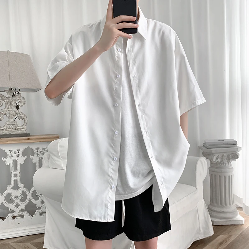 

2020 Summer Streetwear Shirt for Men Cotton Solid Harajuku Short Sleeve Shirts Loose Plus Size Korean Dress Shirt Mens Clothes