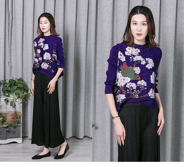 Мнется лето стиль MIYAKE Китайский ветер Cheongsam пластина Кнопка семь рукав Топ Футболка женская Европейская станция