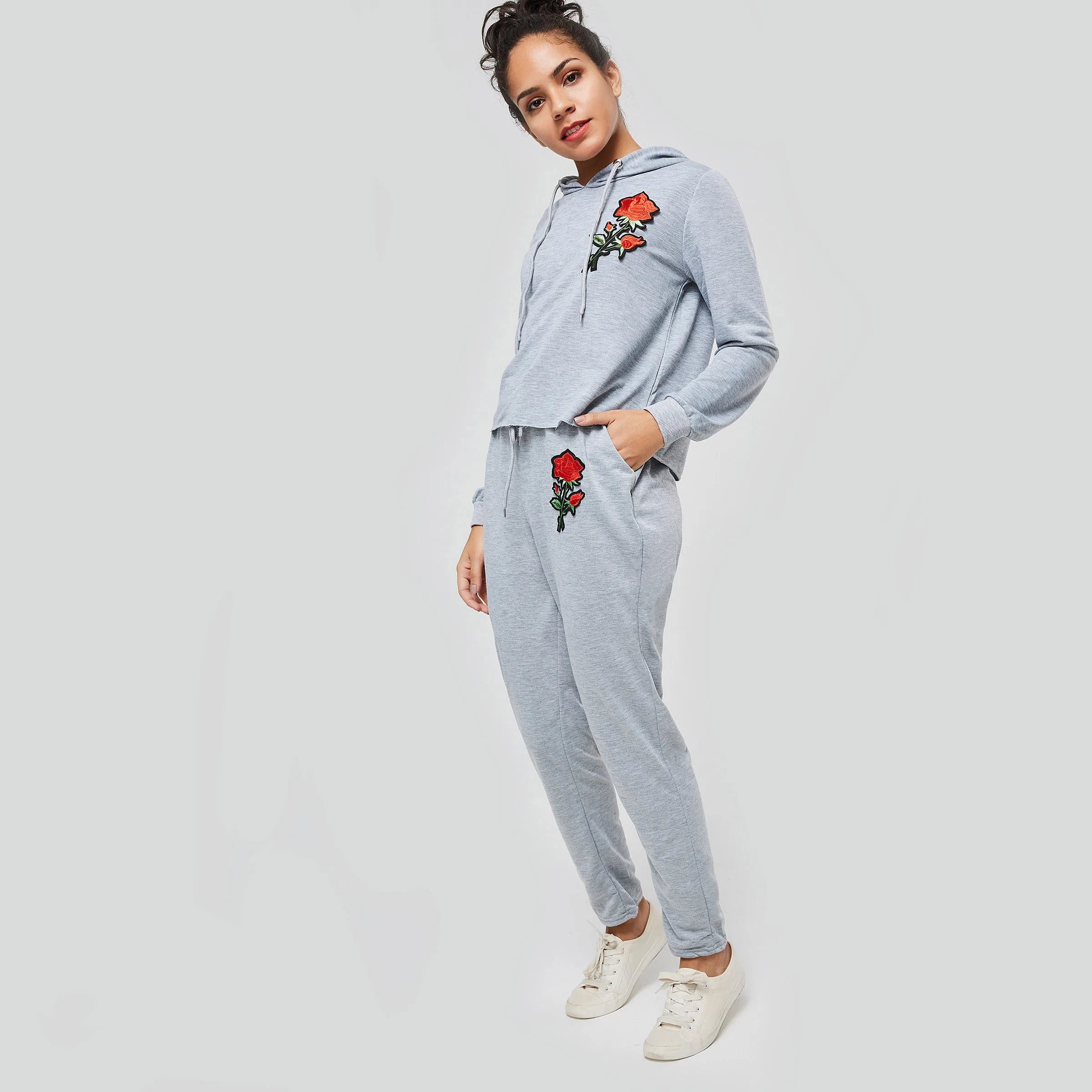 

Women's Sports Pant Flower Embroidery Drawstring Elastic Waist Sweatpants New Spring Fashion Casual Female Gray Long Pants