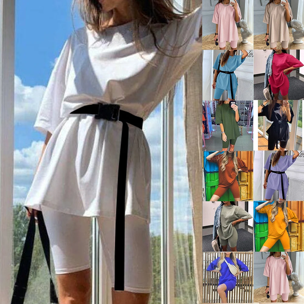 Summer 2020 Women Set O Neck Loose Short Sleeve Top Shirt And Biker Shorts Casual Two Piece Sets White Outfit Suit with belt