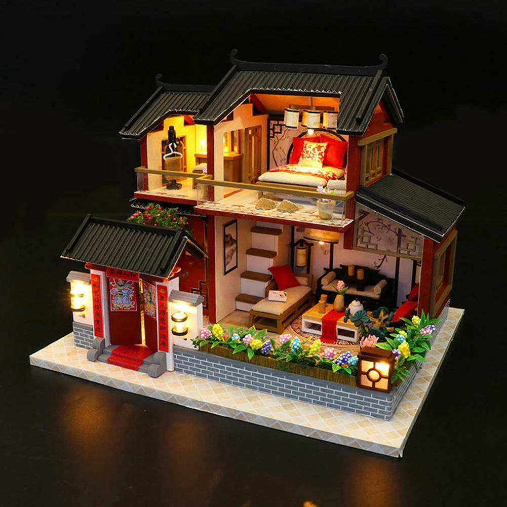 

3D Gift Intellectual House Model Kit Bright Color LED Lighting Children DIY Assemble Miniature Chinese Style Toy Wooden Build