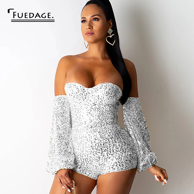 

Fuedage Sexy Women Jumpsuit Romper Sequins Glitter Sparkle Bodycon Backless Women Playsuit Off Shoulder Lantern Sleeve Suits