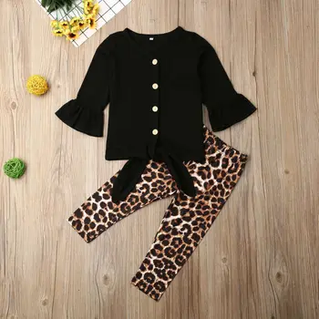 

Spring V Neck Long Flare Sleeve Tops Shirt Leopard Pants Headband Outfit 2PCS Costume 2020 Newborn Kids Baby Girl Clothes Set