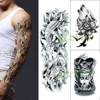 

Waterproof Temporary Tattoo Sticker Carp Wolf Lotus Flower Buddha Full Arm Fake Tatto Flash Sleeve Tatoo for Men Women 3 Pcs