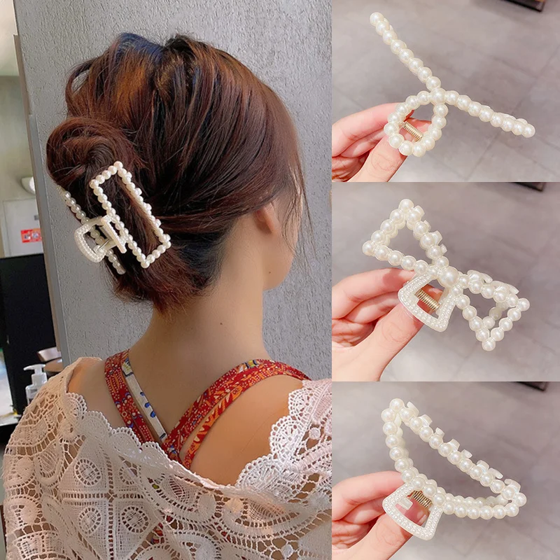 

Korean Imitation Pearl Bow Hair Claw For Women Fashion Geometric Hollow Crab Hair Clips Girls Wedding Hairpins Hair Accessories