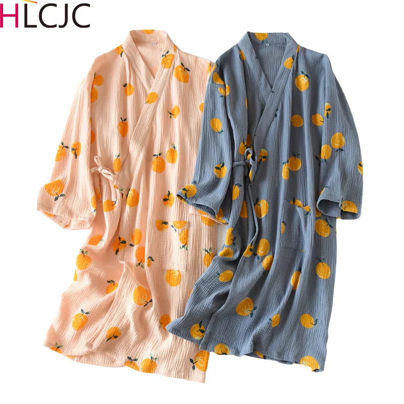 Japanese Style Kimono Spring Summer New 100% Cotton Crepe Ladies Thin Nightgown Women Bathrobe Robe Home Service Pajamas
