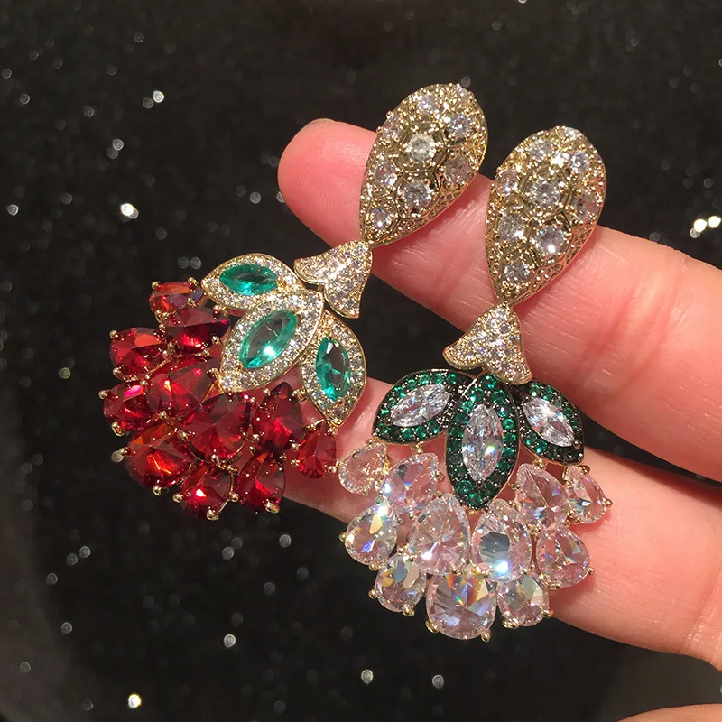 Bilincolor green leaf grape earrings luxury super flash red /white drop wheat zircon crystal flower for women | Украшения и