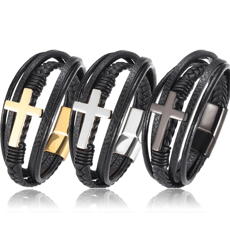 Bracelet Jewelry Boho Personalized Men's Family Name Bracelet Black Cross Woven Leather With Stainless Steel Charm