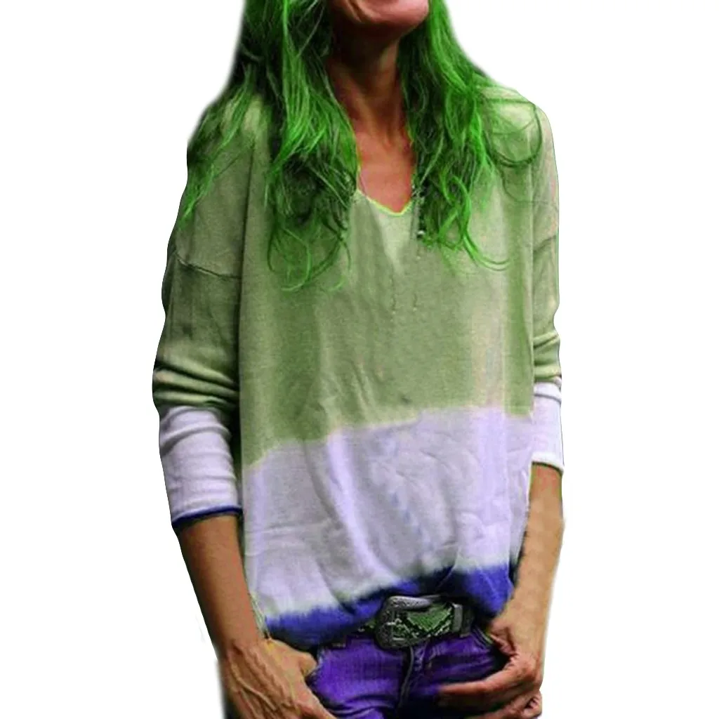 

SAGACE Women V-Neck Cotton Long Sleeve Fashion Tank Tie Dyeing T Shirt Patchwork Cotton Casual Female T-shirts travel August 3