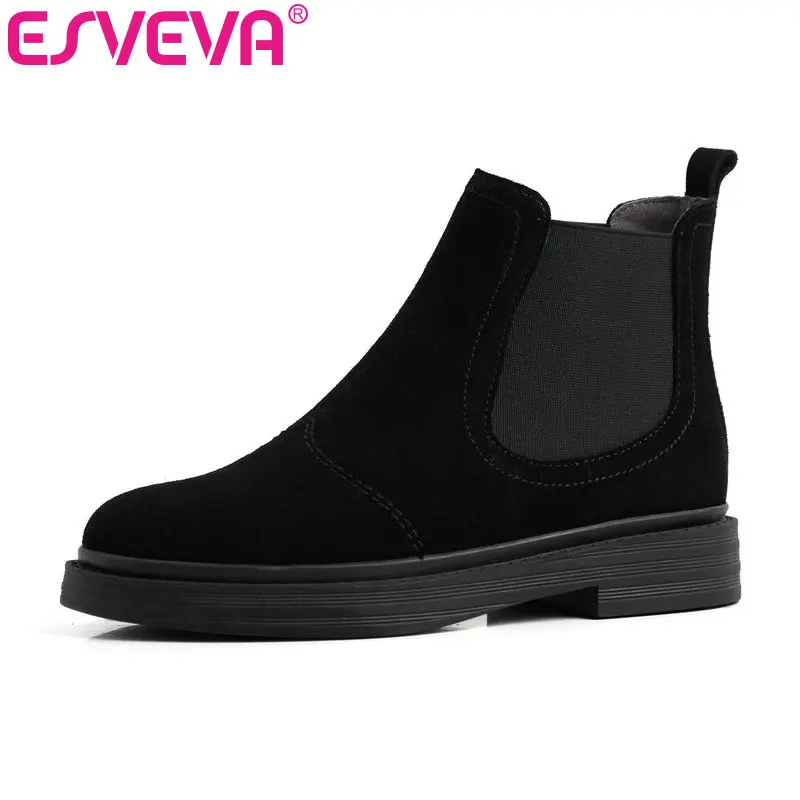 

ESVEVA 2020 Women Shoes Winter Ankle Boots Round Toe PU + Cow Suede Slip On Square Low Heel Fashion Boot Size 34-39