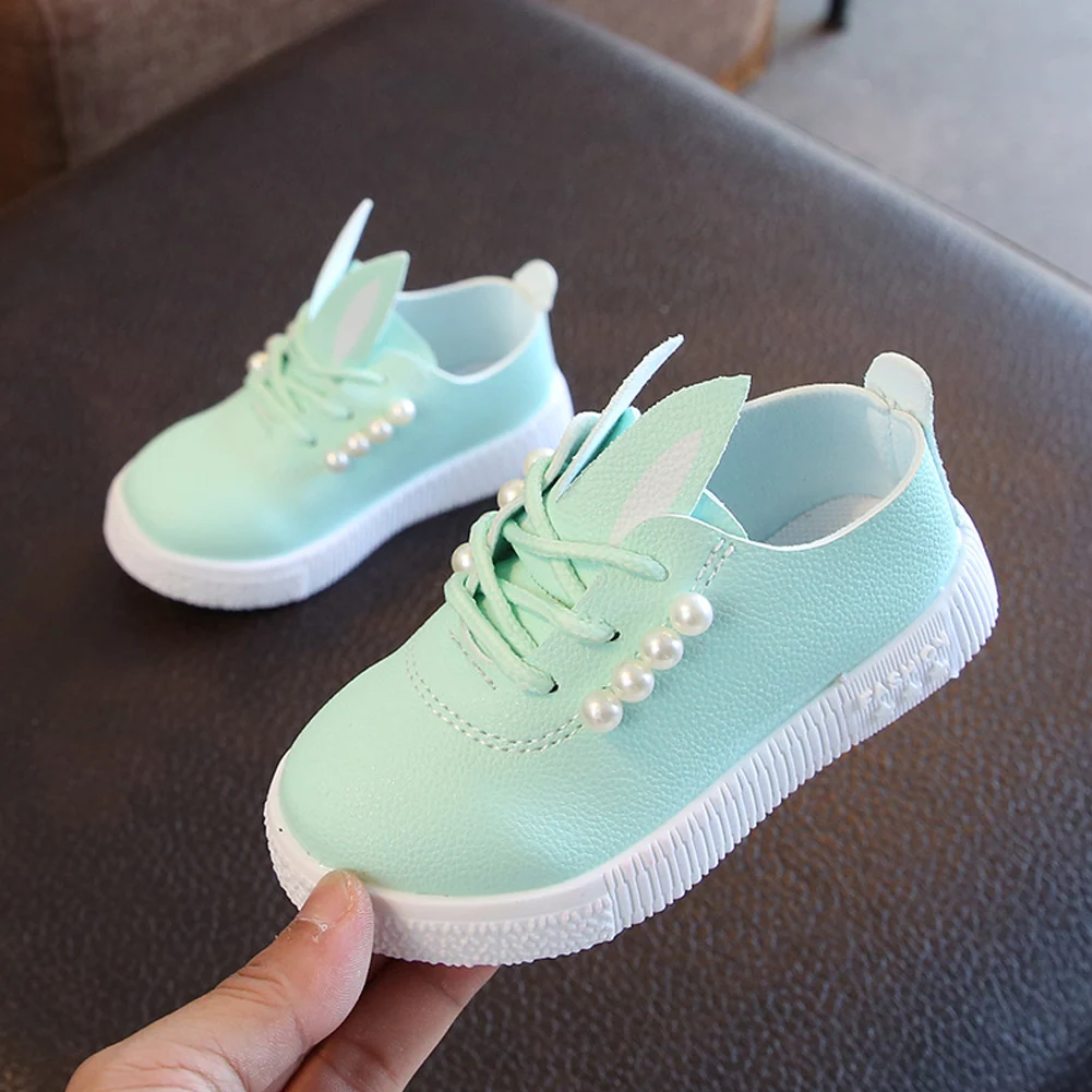 Детская повседневная обувь, детская обувь принцессы с жемчужинами для маленьких девочек, обувь с эластичными лентами и кроликом 21-23 см - Цвет: Зеленый