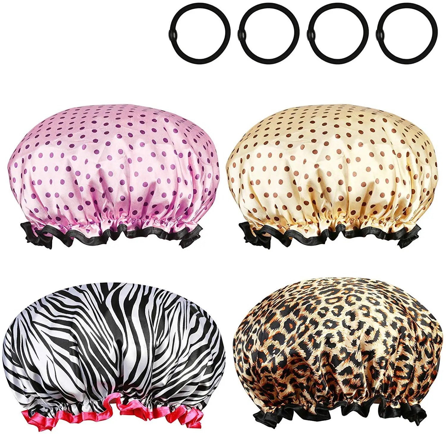 

4pcs Double Layer Elastic Band Shower Hat Waterproof Bath Caps Black Hair bands for Women Girls Long Hair Bathing Accessories