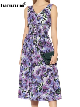 

Free shipping retro printing elastic waist sleeveless V-neck vest dress ladies summer new style big swing pettiskirt