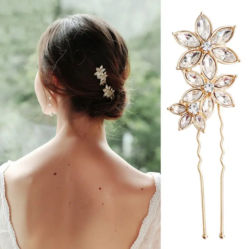 

Korean Minimalist Rhinestone Alloy Flower Hair Pins Women Bridal Jewelry Wedding U-Shaped Clips Bun Ponytail Decorative Barrette