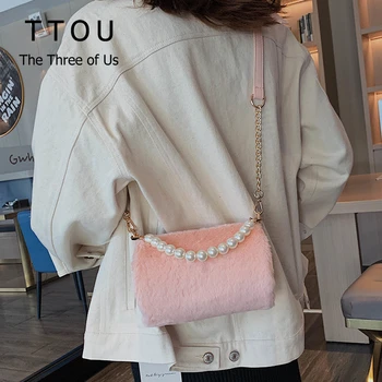 

TTOU Autumn Women Faux Fur Crossbody Bag Ladies Pearl Handle Bag Soft Circle Shoulder Bags Female Casual Handbags Chain Bag