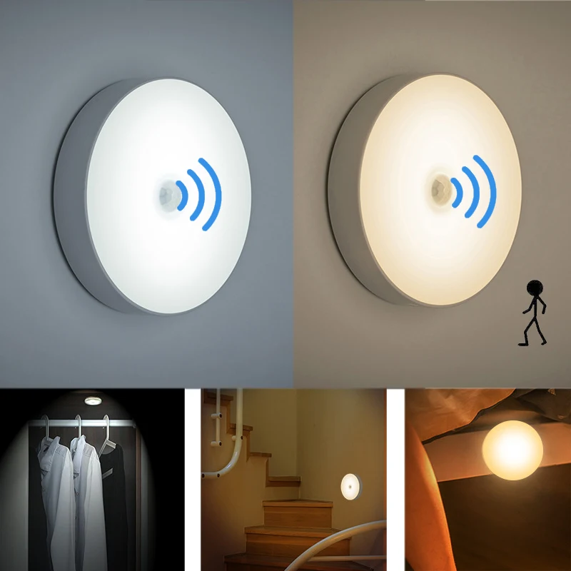 PIR Motion Sensor Night Light 6 LEDs Auto On/Off for Bedroom Stairs Cabinet Wardrobe Wireless USB Rechargeable Wall Lamp