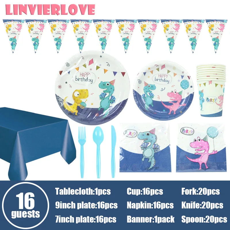 LINVIERLOVE 16 гостей детский душ динозавры для детей с днем рождения полиэтиленовая скатерть соломенный карнавальный язычок для вечеринки столовые приборы - Цвет: 16guests