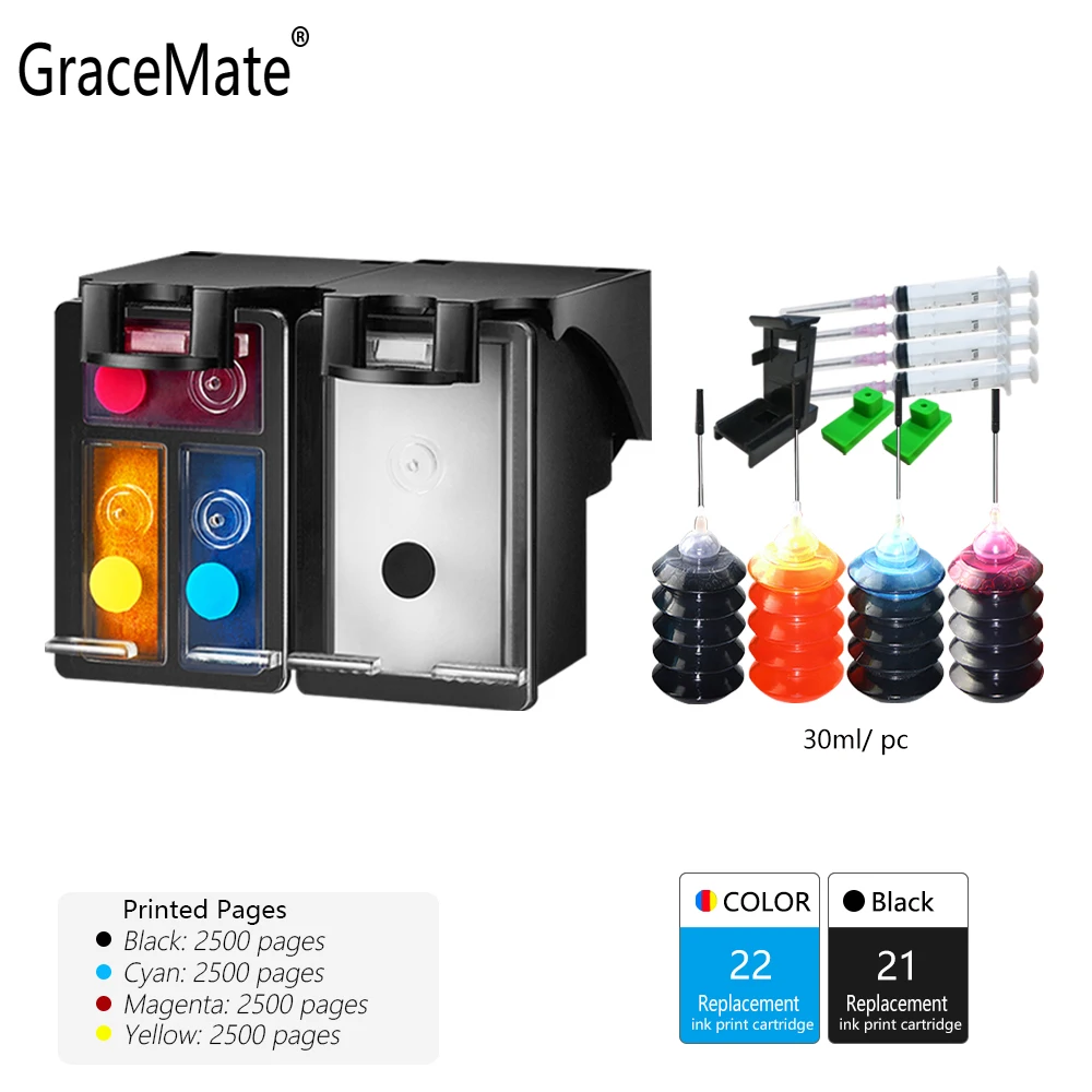 Ink Cartridge 21 22 GraceMate 21 22 чернильный картридж для принтера Hp 21 22 для F2180 F2200 F2280 F4180 F300 F380 380 D2300 J3608 J3625 J3635 J3640 J3650 принтер - Цвет: Ink Cartridge 21 22