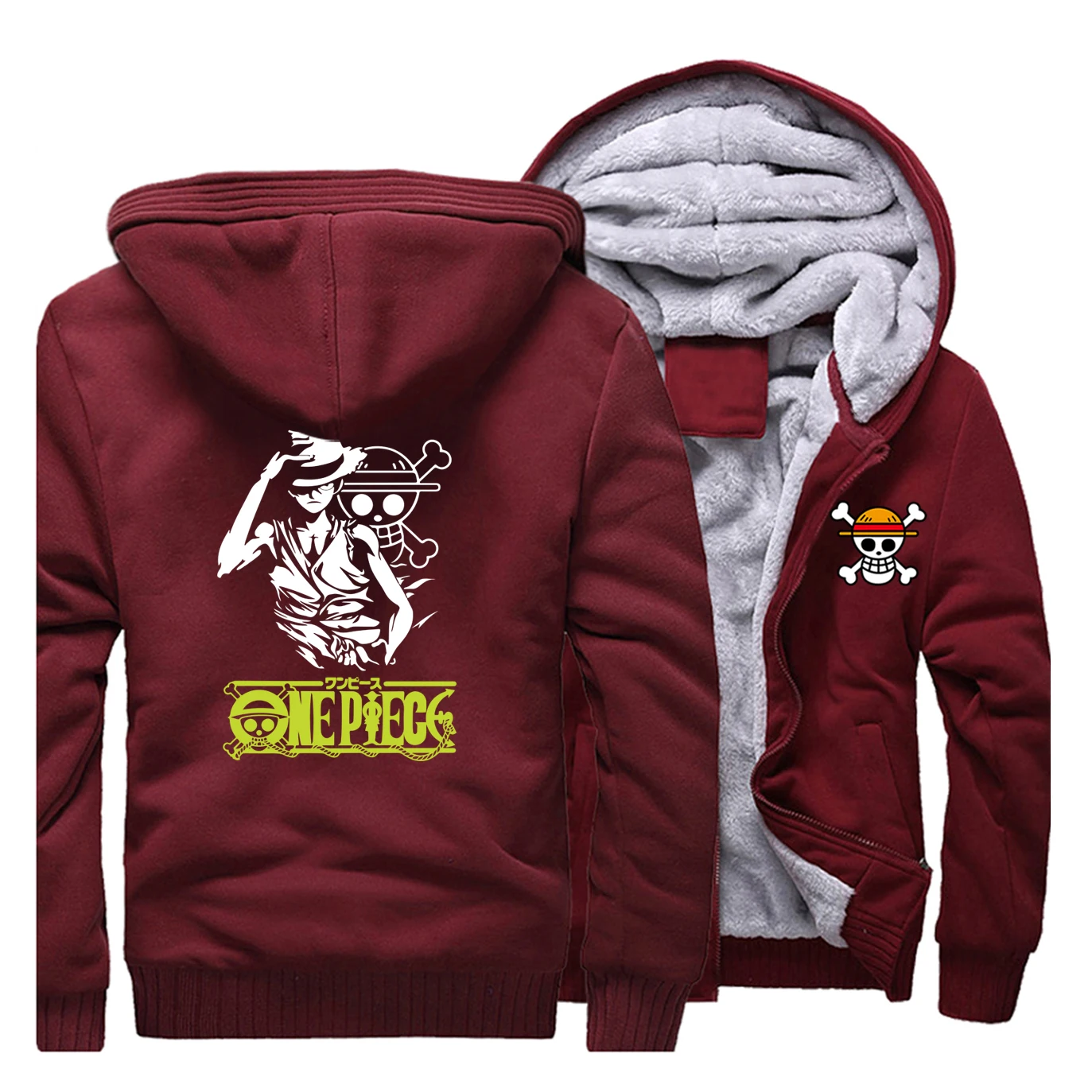 One piece Luffy толстовки Повседневная Уличная Harajuku брендовая мужская одежда японская куртка в стиле аниме зимняя теплая Толстая Толстовка с капюшоном - Цвет: Wine Red