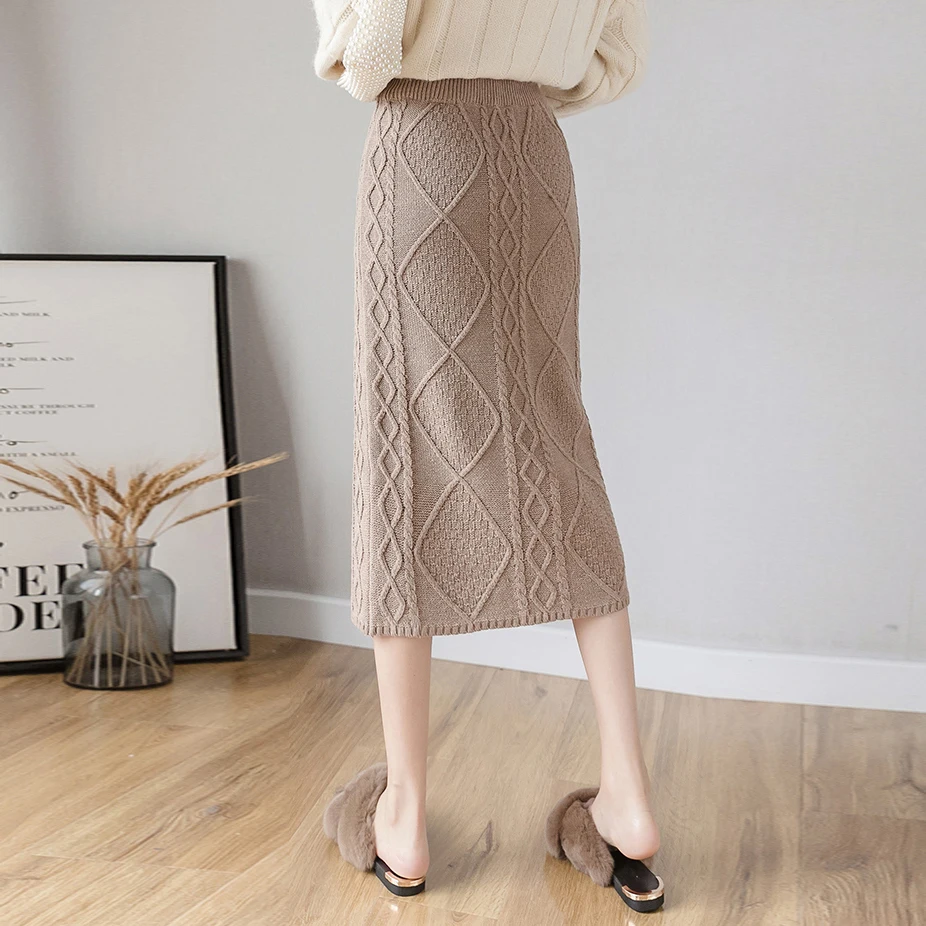 Gkfnmt 60-80 см эластичные женские юбки осень зима теплая трикотажная прямая юбка ребристый геометрический узор средней длины юбка черная