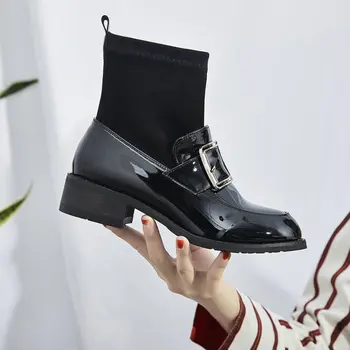 

2019 Autumn Winter New Patent Leather Buckle Boots Velvet Boots Women's Boots Elastic Boots