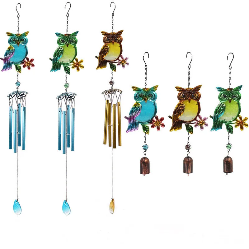 

1PC Owl Wind Chimes Three-Color Glass Wrought Iron Ornaments Bells Pipe Pendants Creative Garden Balcony Home Accessories