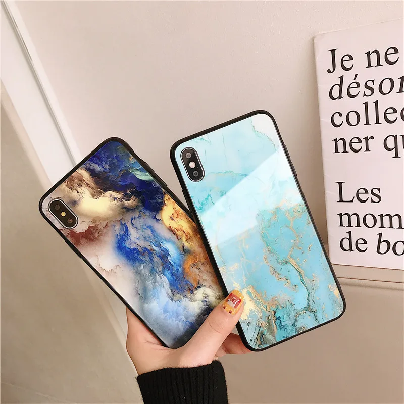 

Glossy Tempered Glass Coque for Iphone 7 Plus Phone Cases for Iphone Xs Max Xr 8 6 6S Plus X 10 Case Marble Patterned Case Cover