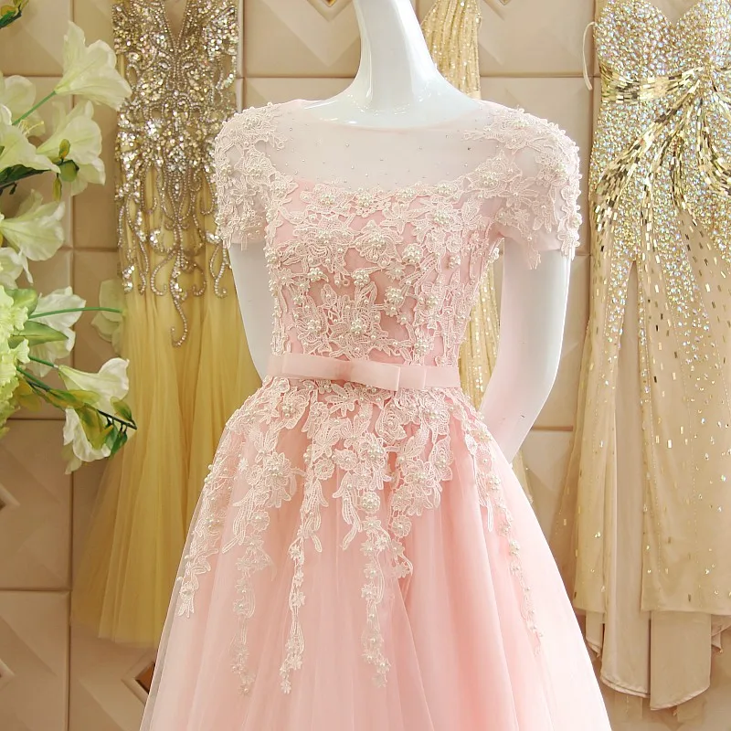 Robe de soiree вечернее платье для выпускного вечера vestido de festa аппликационные жемчужины для кружева дешевые розовые платья с короткими рукавами для матери невесты
