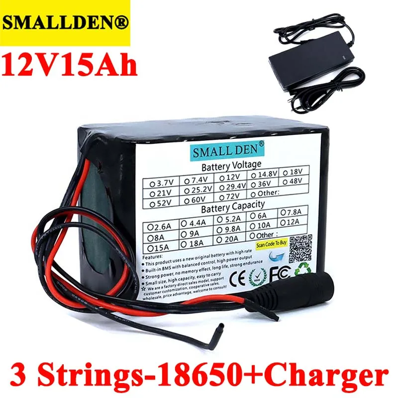 12V 15ah 18650 lithium Rechargeable battery 11.1V 15000mAh with PCB For hernia lampamplifiers monitoring+12.6V 3A Charger
