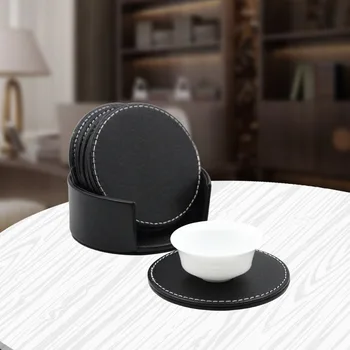 

6pcs/tet Classical Leather Coaster Table Mat Insulation Non-slip Round Coaster Table Mat Home Kitchen Decoration Kitchen Tool