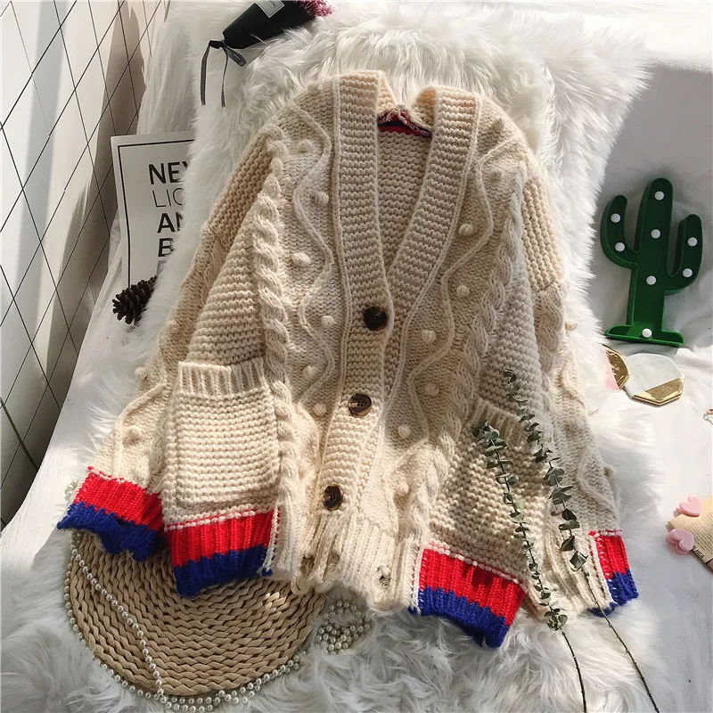 YAMDI женский свитер Runway шикарный осенне-зимний дизайнерский корейский Свободный кардиган однобортный на пуговицах теплый вязаный свитер Co - Цвет: beige
