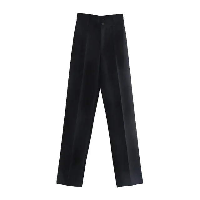 TRAF Women Chic Fashion Office Wear Straight Pants Vintage High Waist Zipper Fly Female Trousers Mujer black