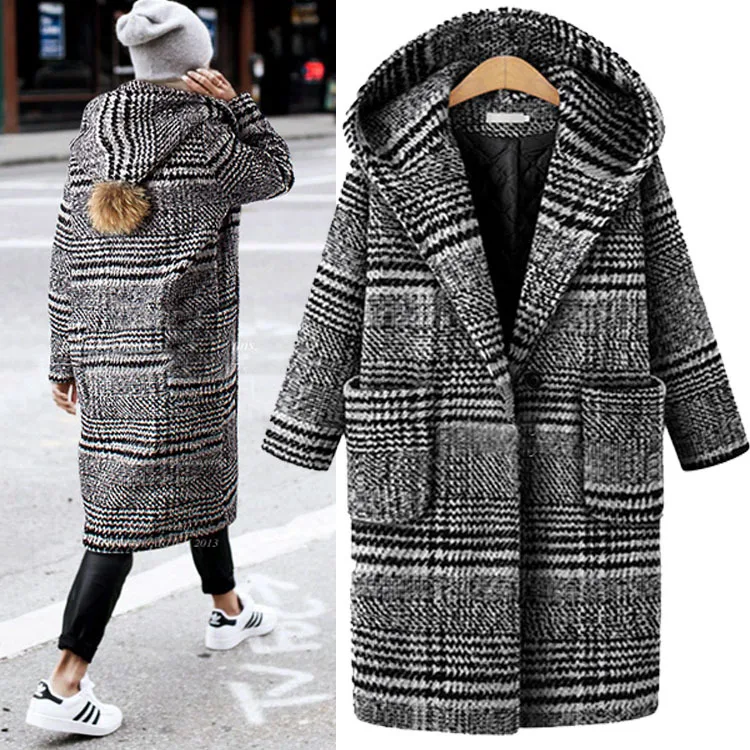 

Zoulv New Autumn Winter Women's Mid-length Large Size Loose Houndstooth Hooded Warm Woolen Woolen Coat Thick Woolen Coat Women