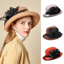 Зимняя фетровая шляпа в стиле ретро для женщин, женская шляпа с цветочным принтом Sombrero mujer, шляпа-котелок, винтажная официальная шерстяная фетровая шляпа, шапки# p5