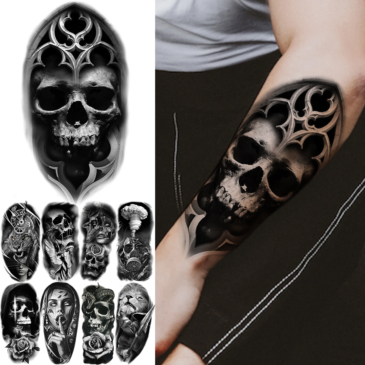 Black Geometric Skull Thorns Temporary Tattoos For Men Adult Lion Atom Bomb  India Warrior Fake Tattoo Body Art Half Sleeve Tatoo - Temporary Tattoos -  AliExpress