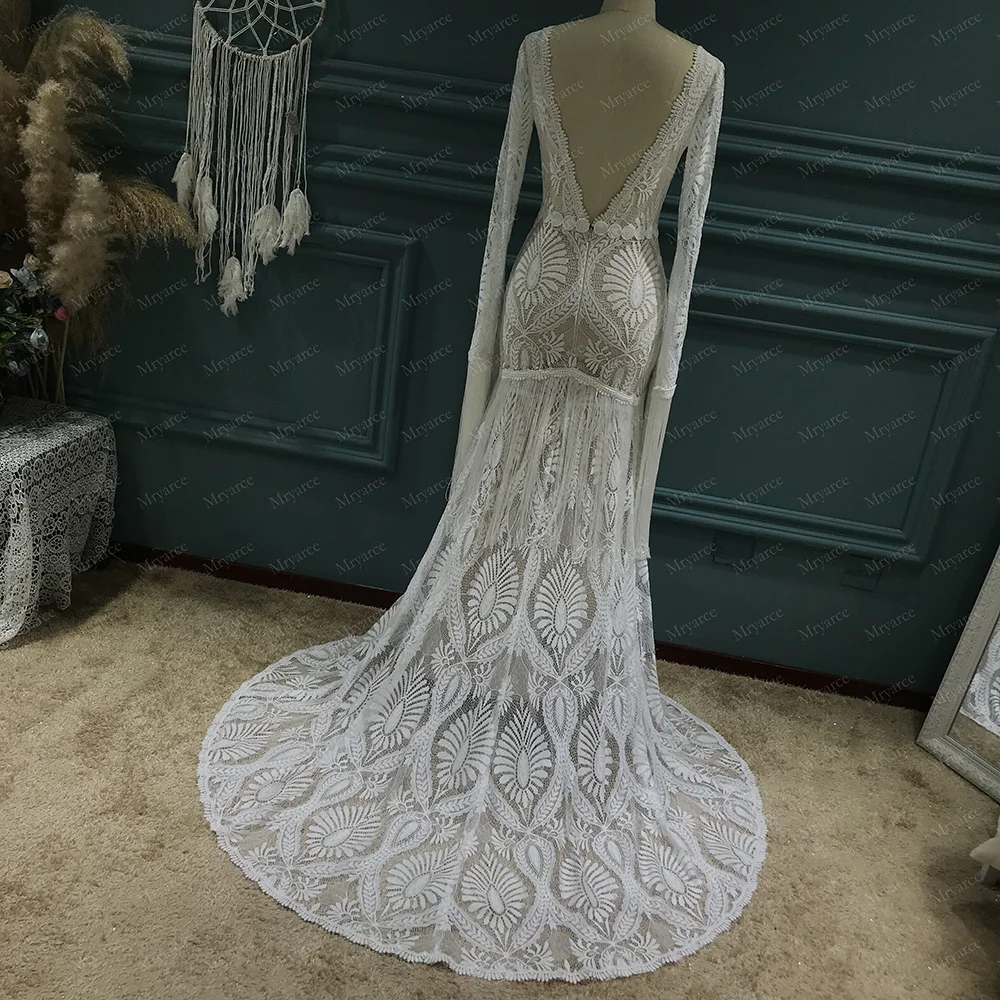 Mryarce 2022 Unique Bride Wedding Dress Tassel Lace Fringe Boho Sleeves Bohemian Bridal Gowns long sleeve bridal gowns