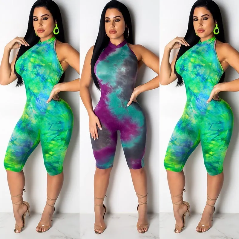 Женский сексуальный комбинезон с принтом Tie Dye, уличная одежда с бретельками на шнуровке, комбинезон до колен, Обтягивающие Комбинезоны