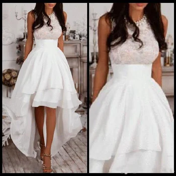 

Ivory Halter A-Line High Low Sleeveless Prom Dresses 2020 Jewel Neck Evening Dress Chiffon A Line Lace Formal Wedding Guest Gown