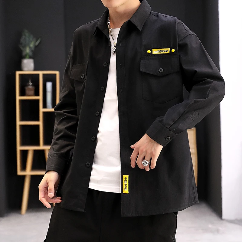 Модные мужские рубашки Slim Fit сплошной цвет Мужская рубашка двойной карман Осень черный зеленый хаки Мужская рубашка с длинными рукавами
