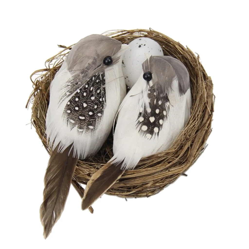 1 Set Realistic Feathered Birds with Nest & Birds Egg, Artificial Craft Birds for Garden Parties Lawn Decor