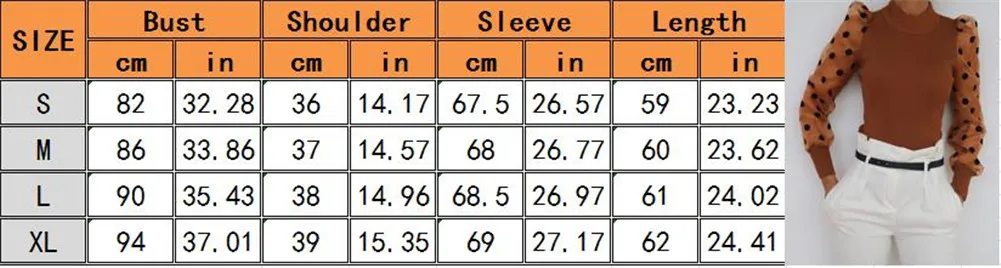 Elegant Womens Lady Mesh Sheer Sleeve Blouse Polka Dot Puff Sleeve Shirts Spring Autumn Slim Ladies Mock Neck Tops Female Shirts