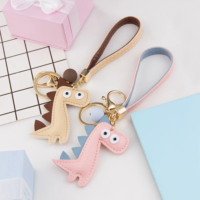Cartoon Dinosaur Keychain PU Leather Cotton Fillled Blue Pink Brown Grey Pendant Car Personality Lady Keyring Bag Lanyard Gift 4