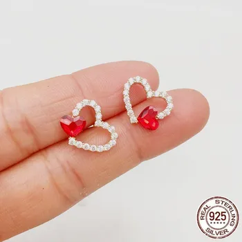 

Ms.Betti 100% 925 Sterling Silver romantic red crystal Hearts Stud Earrings for Women Silver jewelry 2020 Valentine's Day