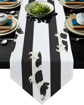 

Black White Stripes Dog Bulldog Table Runner Home Party Dining Table Decorative Wedding Table Decoration Flower Cake Tablecloth