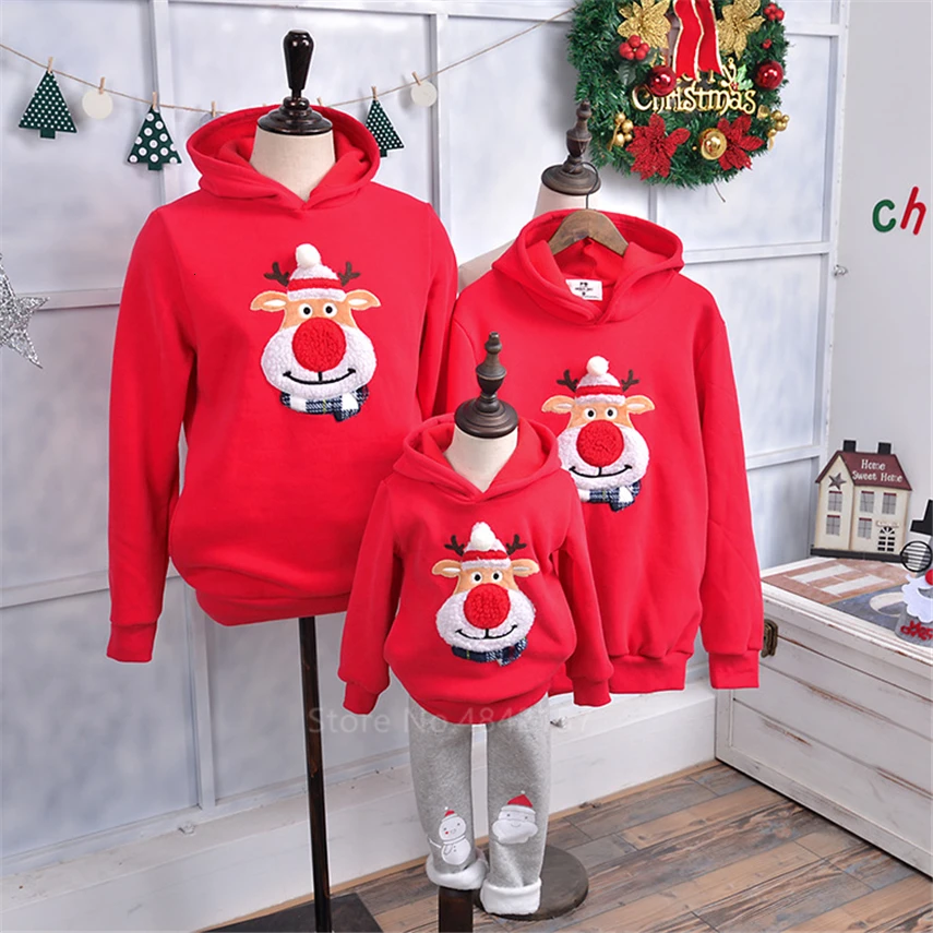 Christmas Family Matching Outfits New Year Family Look Mother and Daughter Clothes Red Elk Winter Warm Xmas Hoodies