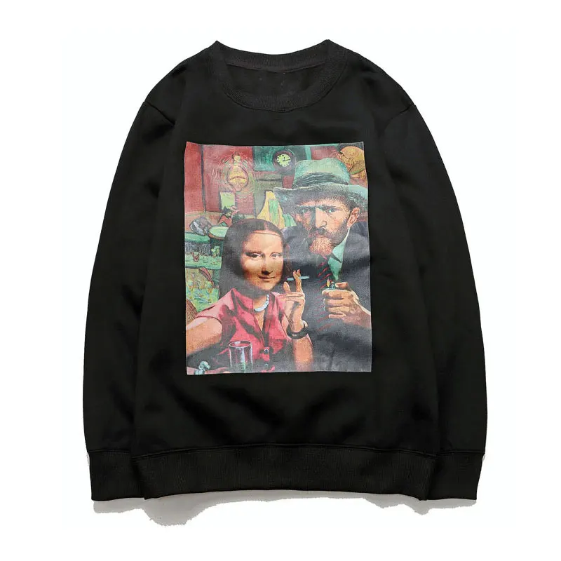 GONTHWID забавная Мона Лиза Живопись Ван Гога принт пуловер с начёсом Толстовка Кофты Уличная Хип Хоп мода повседневные топы - Цвет: Black