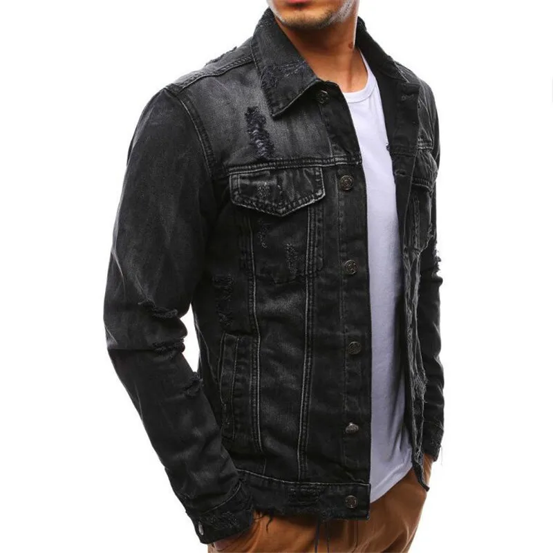 Куртка Европейского кода, мужская приталенная Повседневная джинсовая куртка с длинным рукавом и дырками, однобортное пальто большого размера с S-XXXL
