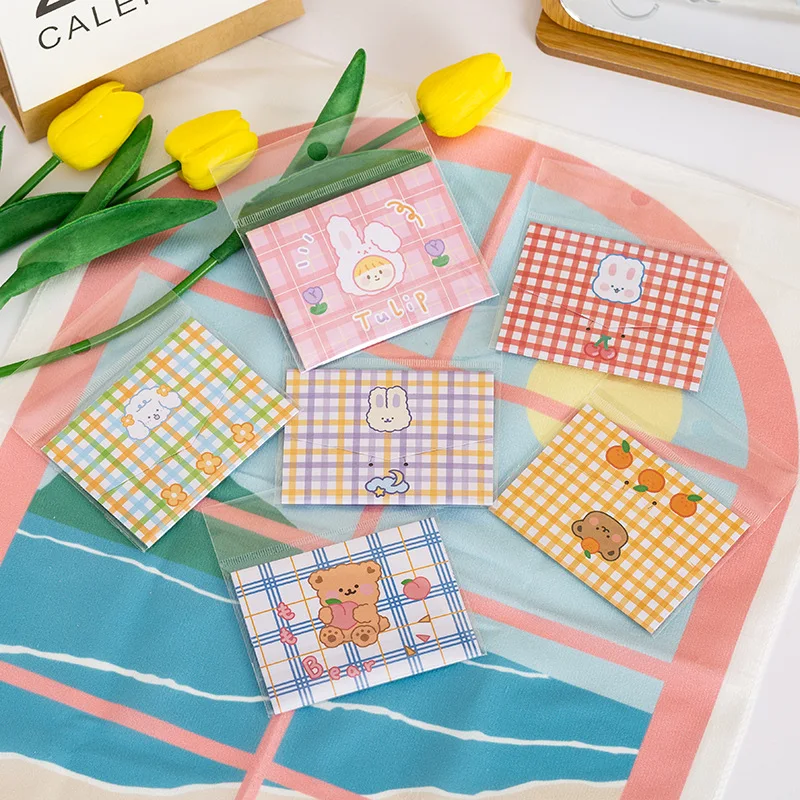 10pcs Cartoon Cute Plaid Bear Bunny Envelope Foldable Message Card Birthday Wishes Card Greeting Card Small Stationery Gift